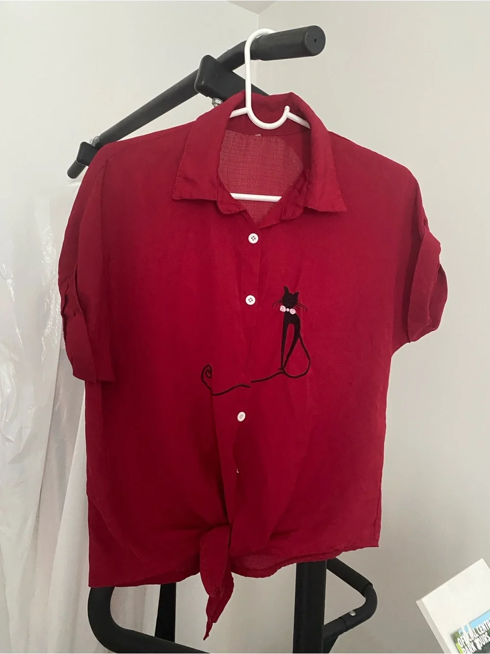 Red Button-Front Blouse with Cat Motif